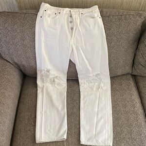 White straight leg ripped jeans.